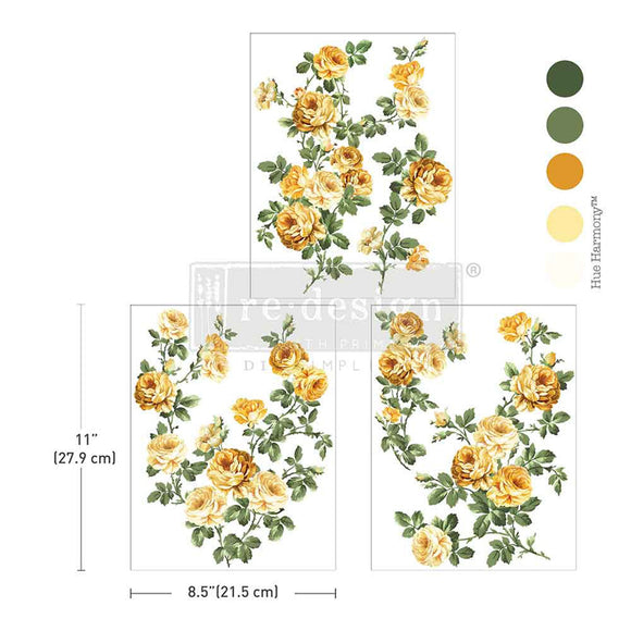 Three sheets of small rub-on transfers that feature sunny yellow roses and lush greenery are against a white background with 5 color samples to the right. Measurements for 1 sheet reads: 11" (27.9 cm) x 8.5" (21.5 cm).