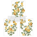 Three sheets of small rub-on transfers that feature sunny yellow roses and lush greenery are against a white background.