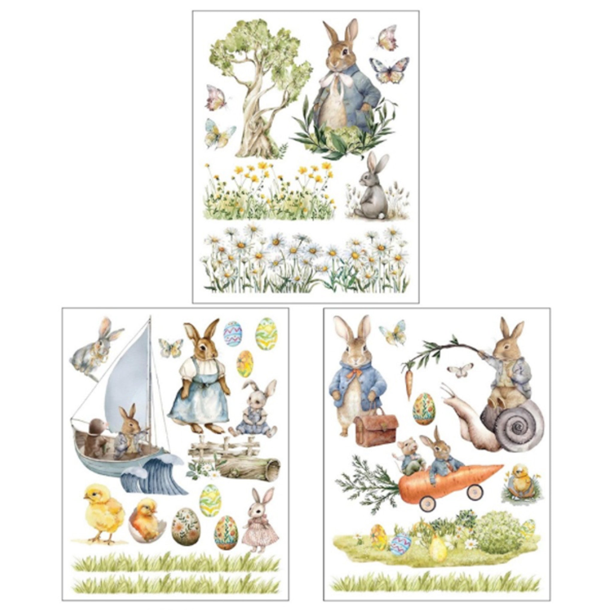 Three sheets of small rub-on transfers against a white background feature bunnies in country clothes and Spring time images including baby chicks, Easter eggs, and butterflies.