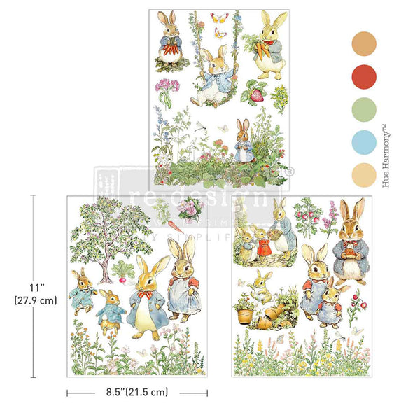 ReDesign with Prima Cottontail Diaries rub-on transfer size 8.5x11 inches with color palette and three-sheet layout