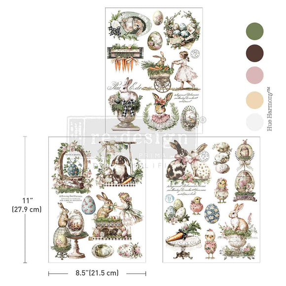 Easter Garden Whimsy rub on furniture transfer by ReDesign with Prima showing 8.5x11 inch sheets and vintage bunny-and-egg artwork