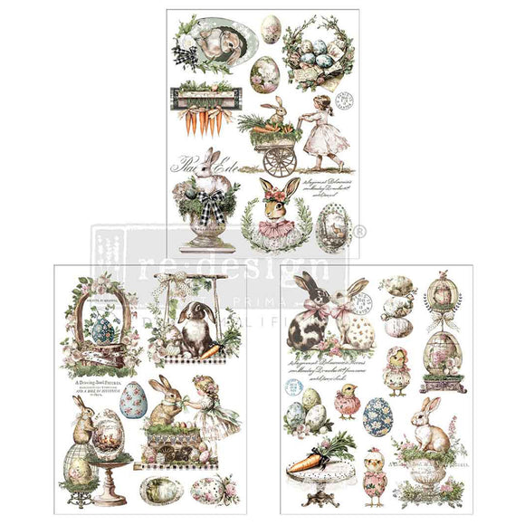 ReDesign with Prima Easter Garden Whimsy furniture transfer set with 3 sheets (8.5x11) featuring bunnies, eggs, carrots and vintage spring scenes