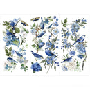 Three sheets of small rub-on transfers featuring birds and blooming flowers in shades of blues on branches of green leaves are against a white background.