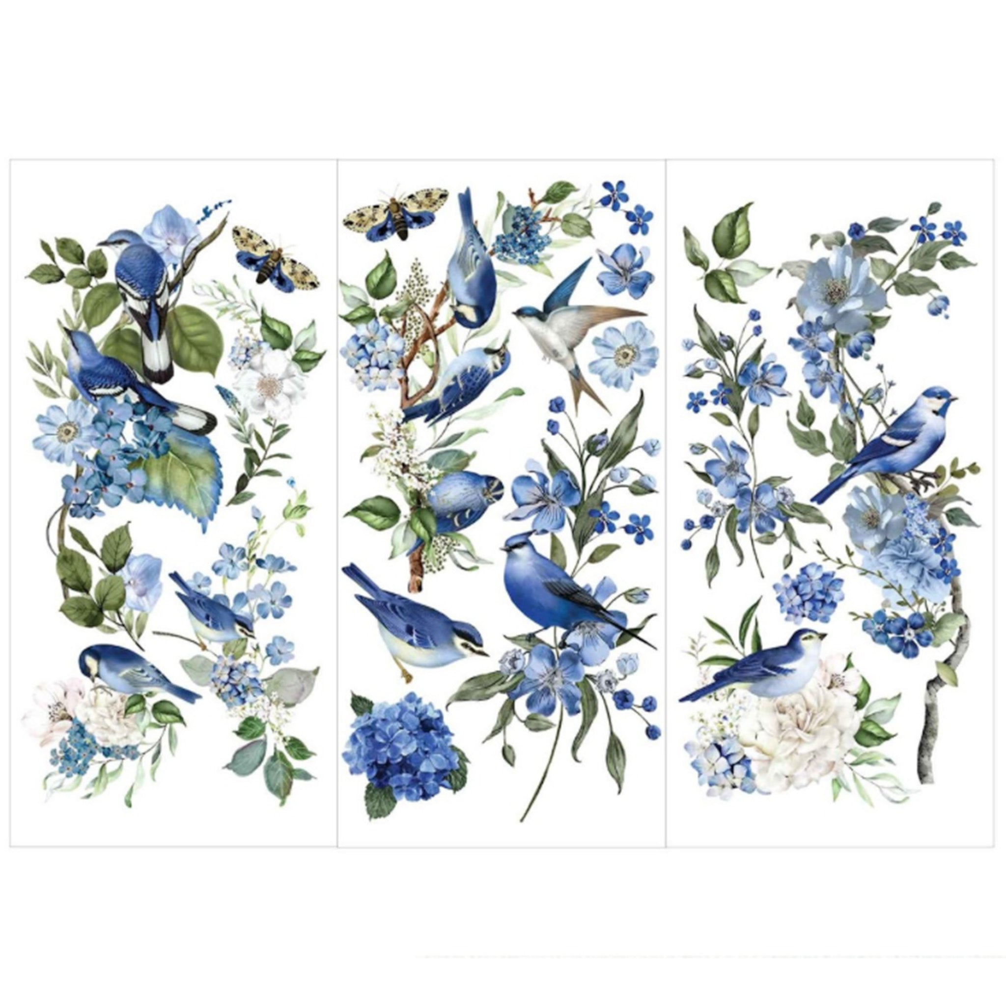 Three sheets of small rub-on transfers featuring birds and blooming flowers in shades of blues on branches of green leaves are against a white background.