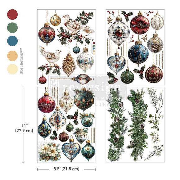 Four sheets of ReDesign with Prima's Gilded Elegance middy rub-on transfers are against a white background with 5 color samples to the left. Measurements for 1 sheet reads: 11" (27.9 cm) x 8.5" (21.5 cm).