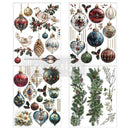 Four sheets of small rub-on transfers, each with their own design, feature glass Christmas ornaments adorned with lush greenery and peaceful doves and are against a white background.