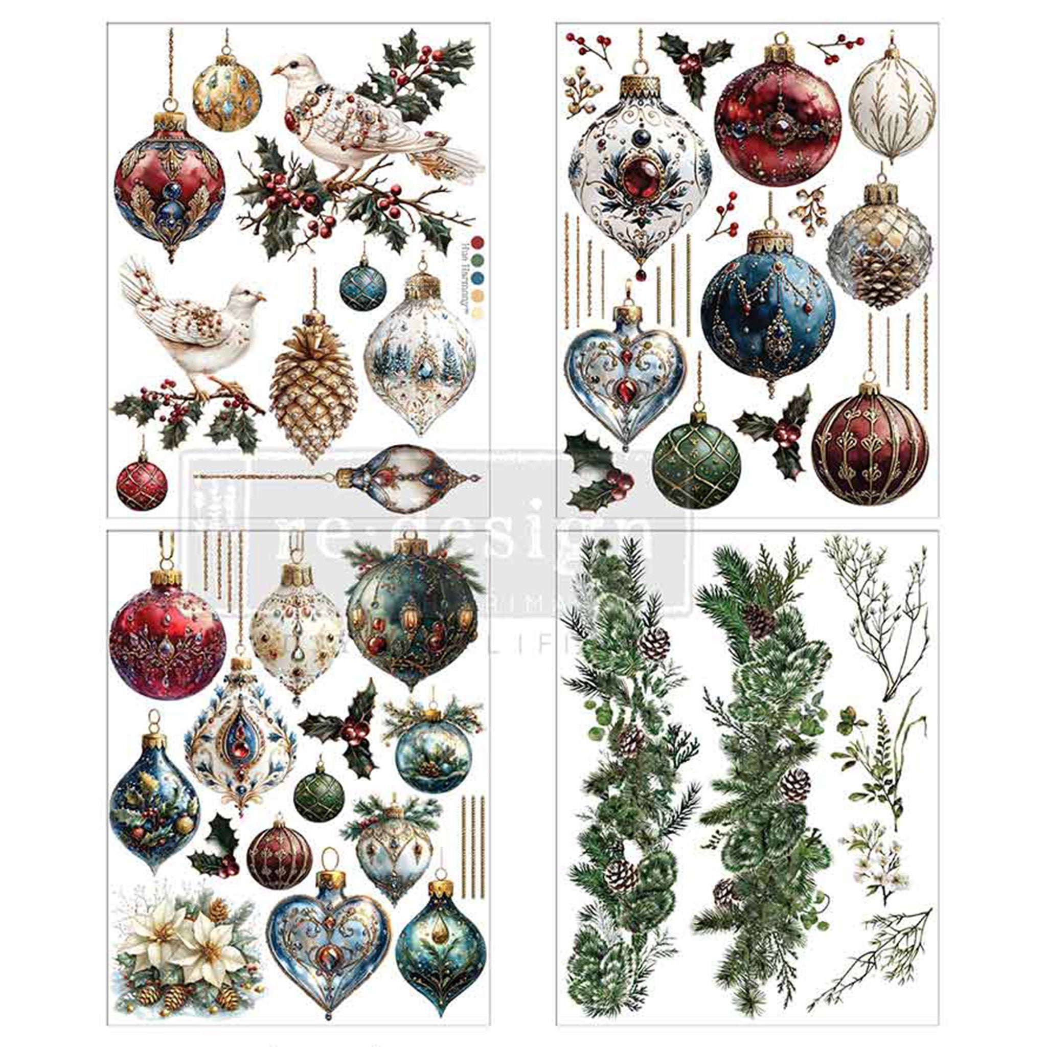 Four sheets of small rub-on transfers, each with their own design, feature glass Christmas ornaments adorned with lush greenery and peaceful doves and are against a white background.