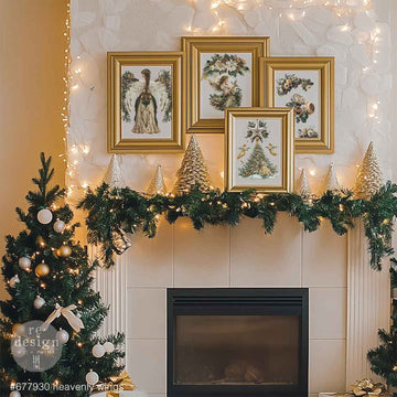 Four gold frames above a fireplace decorated with Christmas decorations feature ReDesign with Prima's Heavenly Wings middy rub-on transfers.