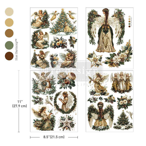Four sheets of ReDesign with Prima's Heavenly Wings middy rub-on transfers are against a white background with 5 color samples to the left. Measurements for 1 sheet reads: 11" (27.9 cm) x .5" (21.5 cm).