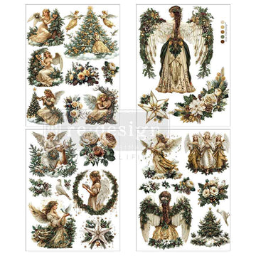 Four sheets of small rub-on transfers featuring charming angels surrounding Christmas trees and wreaths are against a white background.