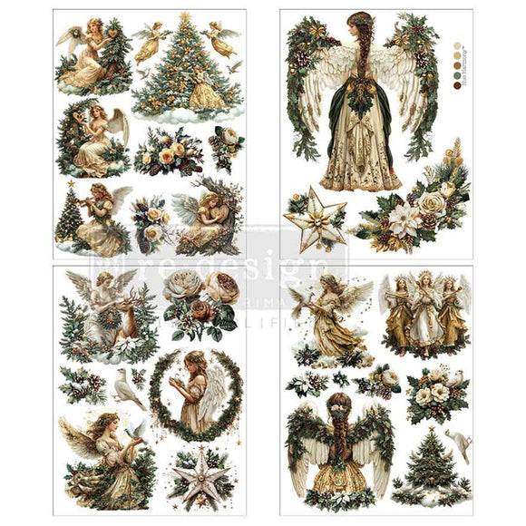 Four sheets of small rub-on transfers featuring charming angels surrounding Christmas trees and wreaths are against a white background.