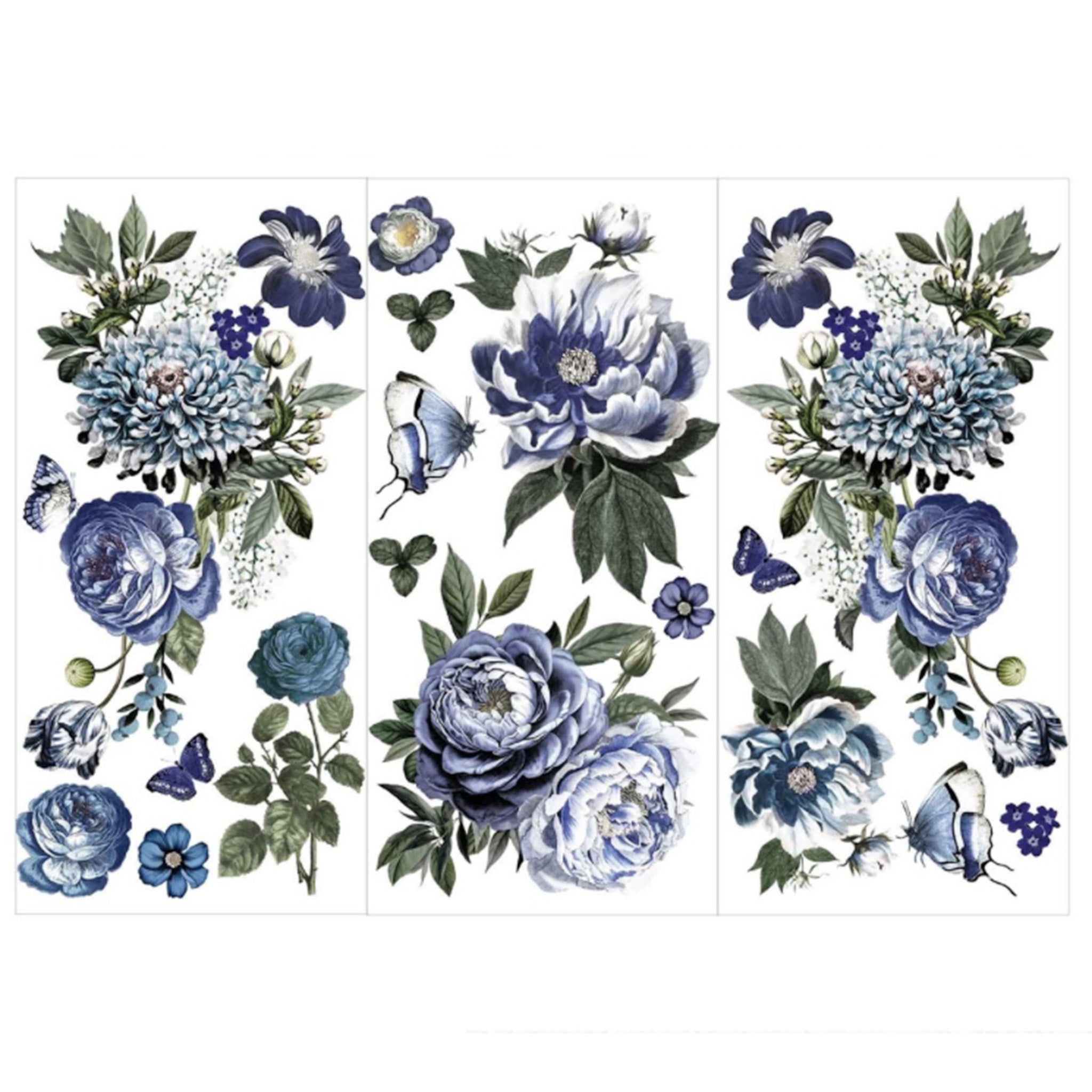 Three sheets of small rub-on transfers featuring indigo blue flower blooms and butterflies are against a white background.