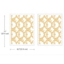 Two sheets of small rub-on transfers featuring a gold foil intricate lace pattern are against a white background. Measurements for 1 sheet reads: 8.5" (21.5 cm) x 11" (27.9 cm).