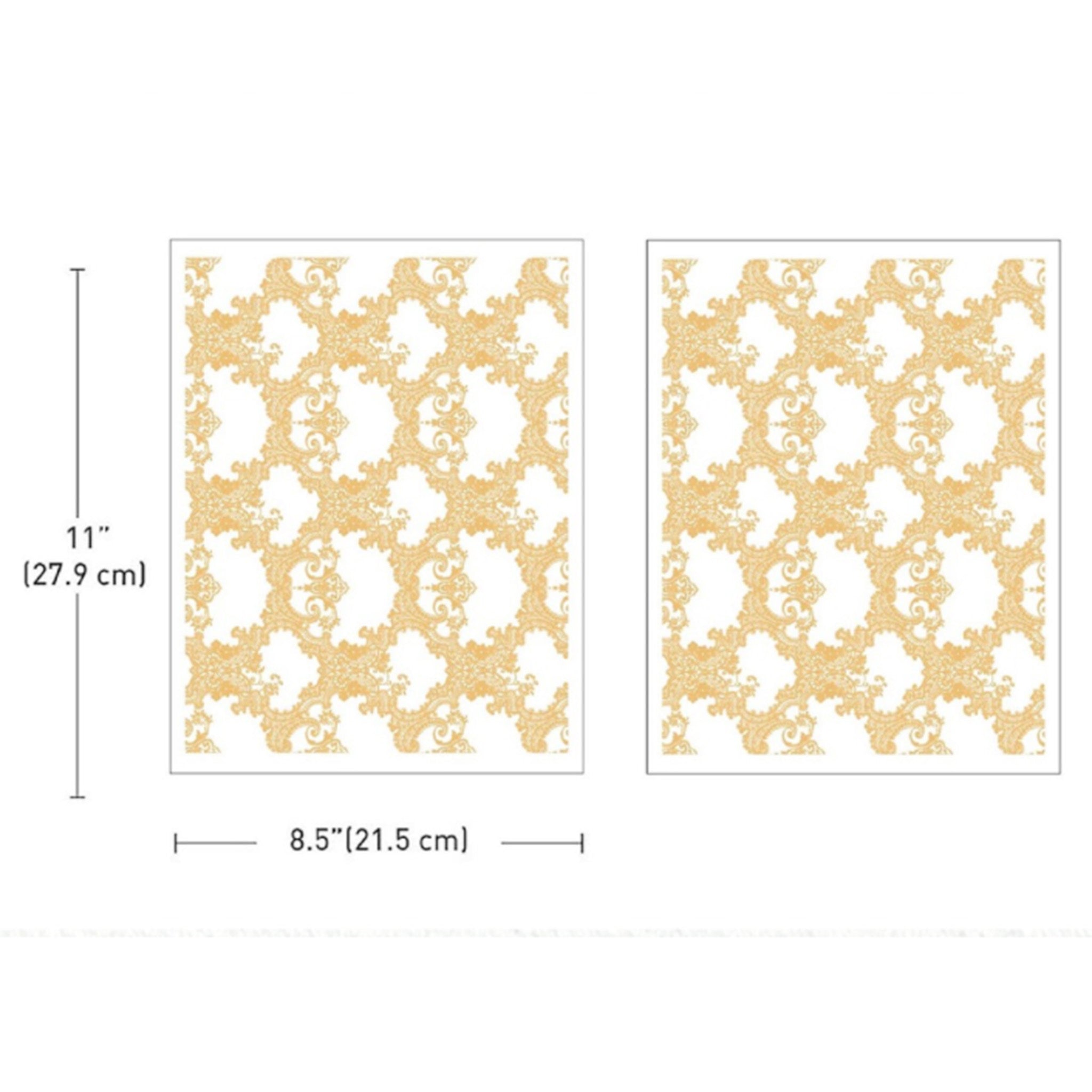 Two sheets of small rub-on transfers featuring a gold foil intricate lace pattern are against a white background. Measurements for 1 sheet reads: 8.5" (21.5 cm) x 11" (27.9 cm).