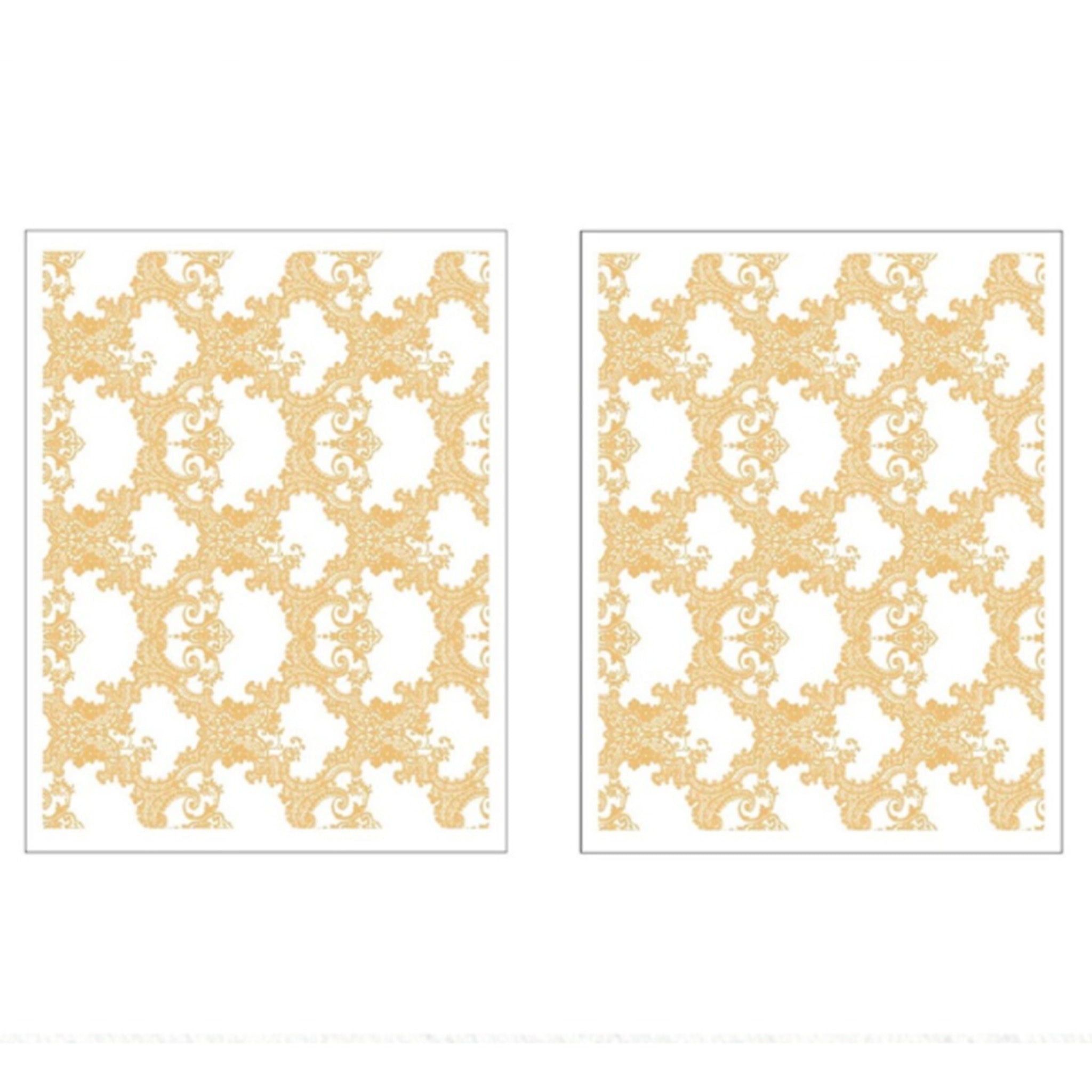 Two sheets of small rub-on transfers featuring a gold foil intricate lace pattern are against a white background.