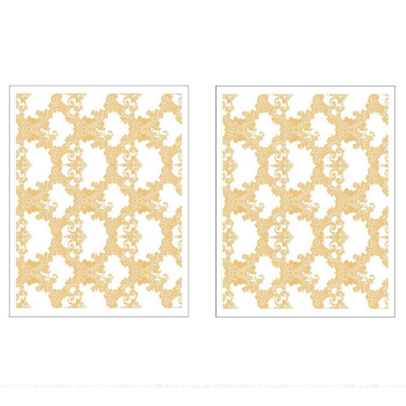 Two sheets of small rub-on transfers featuring a gold foil intricate lace pattern are against a white background.