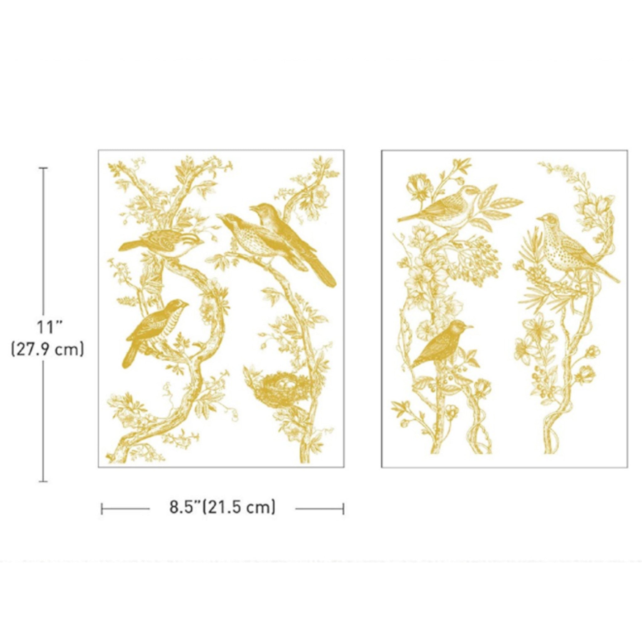 Two sheets of gold foil small rub-on transfers featuring birds on flowering tree branches are against a white background. Measurements for 1 sheet reads 8.5" (21.5 cm) x 11" (27.9 cm).