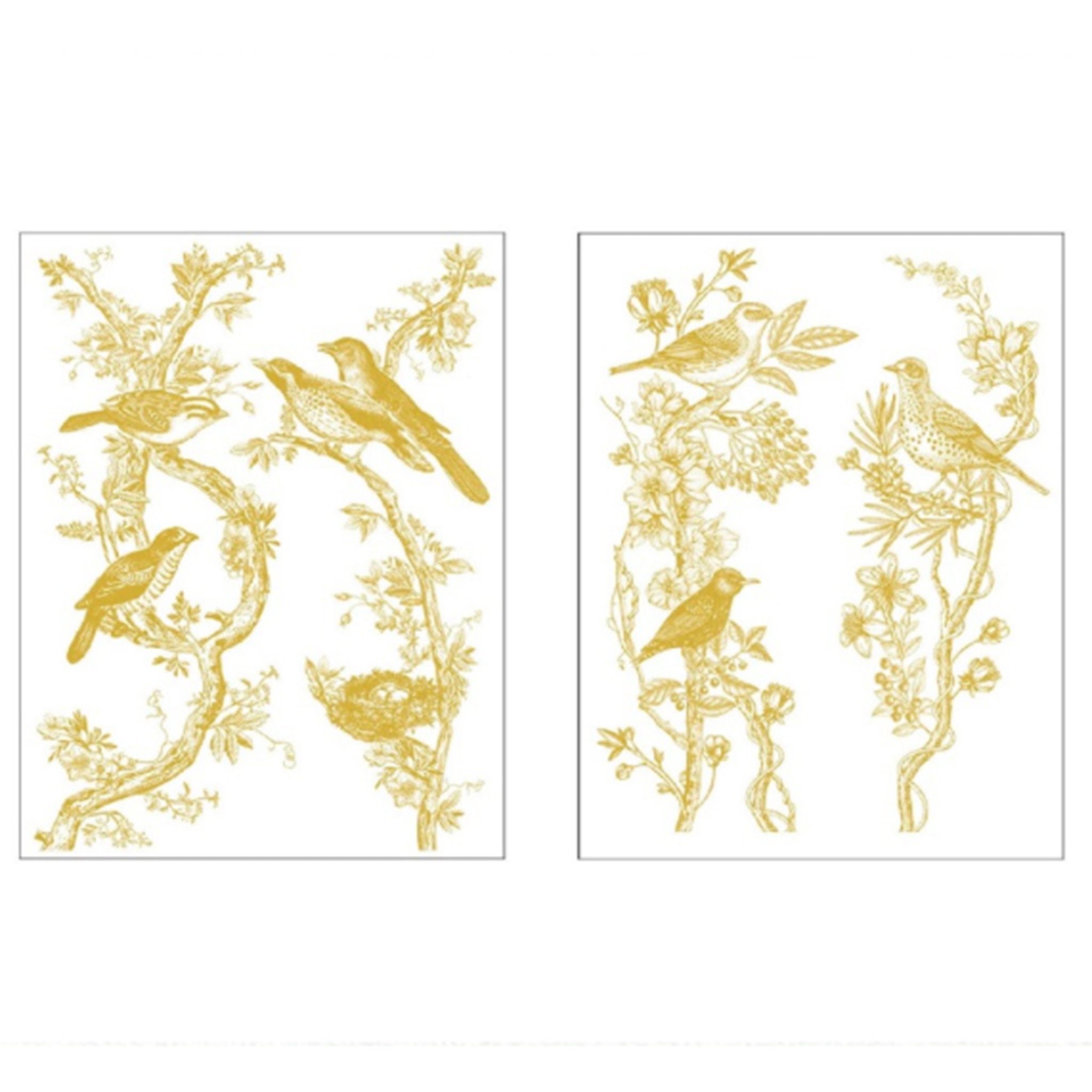 Two sheets of gold foil small rub-on transfers featuring birds on flowering tree branches are against a white background.