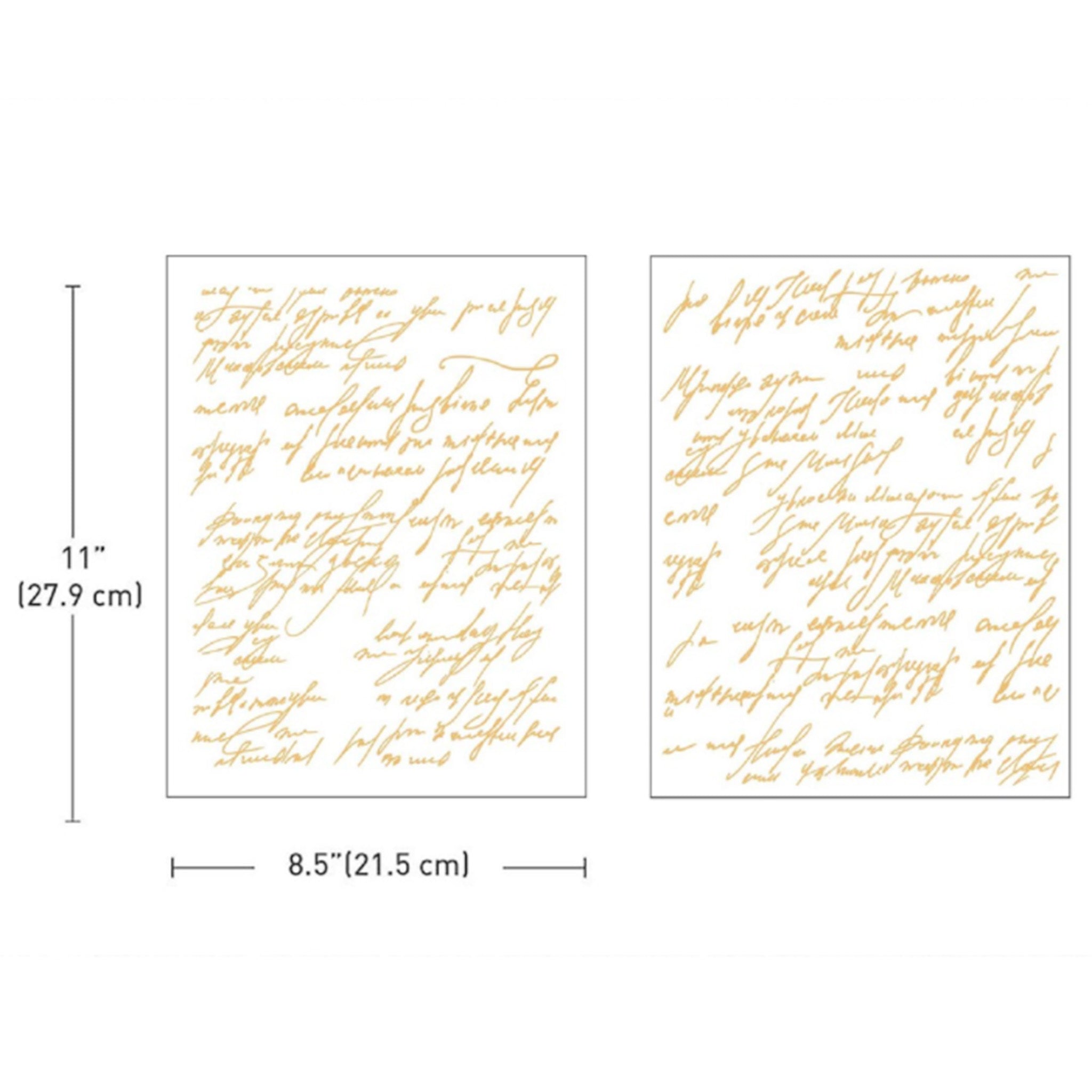 Two sheets of small rub-on transfers featuring gold foil script calligraphy are against a white background. Measurements for 1 sheet reads 8.5" (21.5 cm) x 11" (27.9 cm).