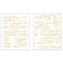 Two sheets of small rub-on transfers featuring gold foil script calligraphy are against a white background.