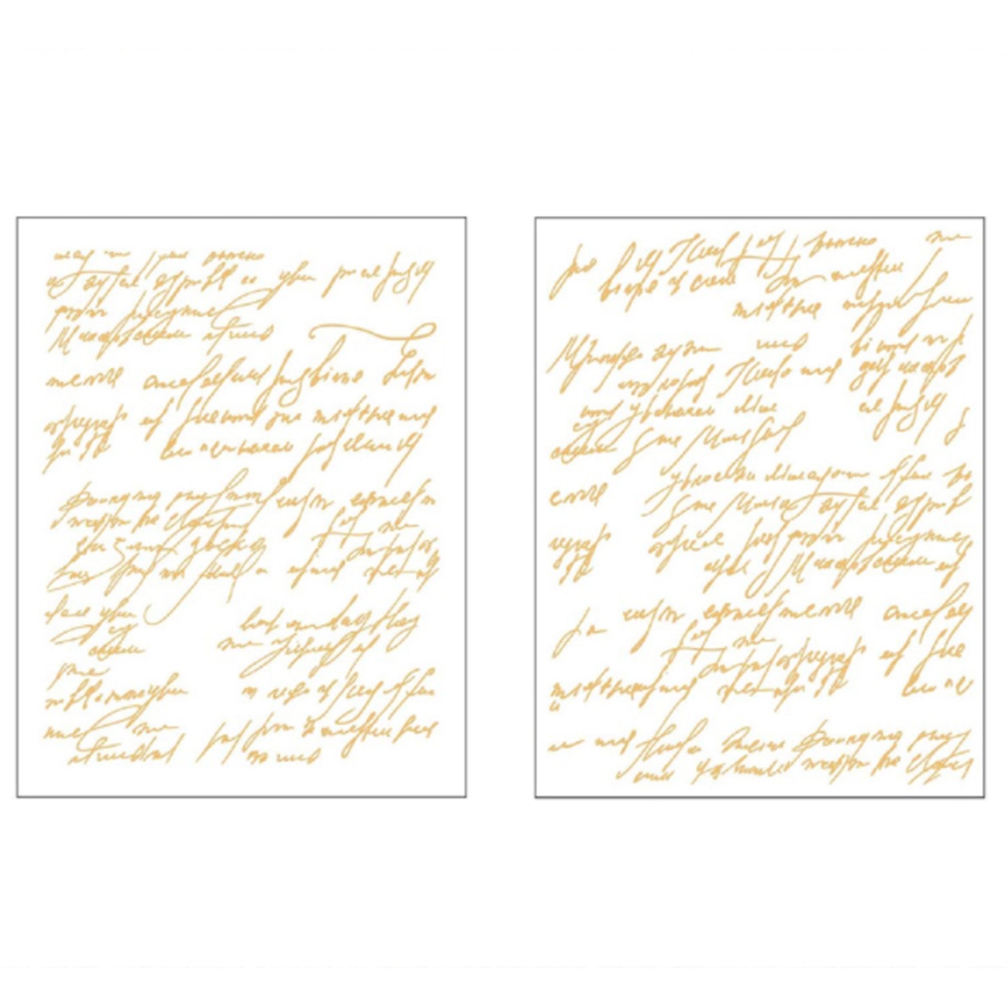 Two sheets of small rub-on transfers featuring gold foil script calligraphy are against a white background.