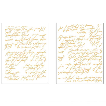 Two sheets of small rub-on transfers featuring gold foil script calligraphy are against a white background.