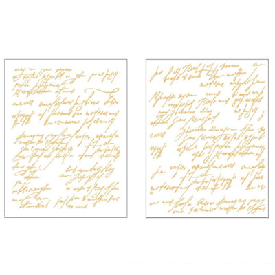 Two sheets of small rub-on transfers featuring gold foil script calligraphy are against a white background.