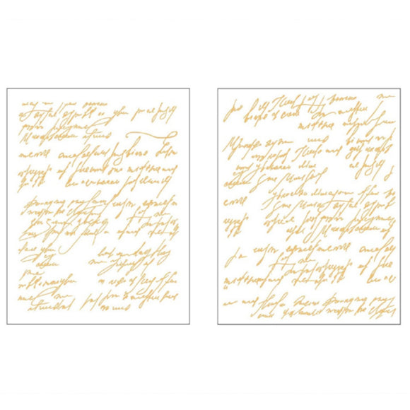 Two sheets of small rub-on transfers featuring gold foil script calligraphy are against a white background.
