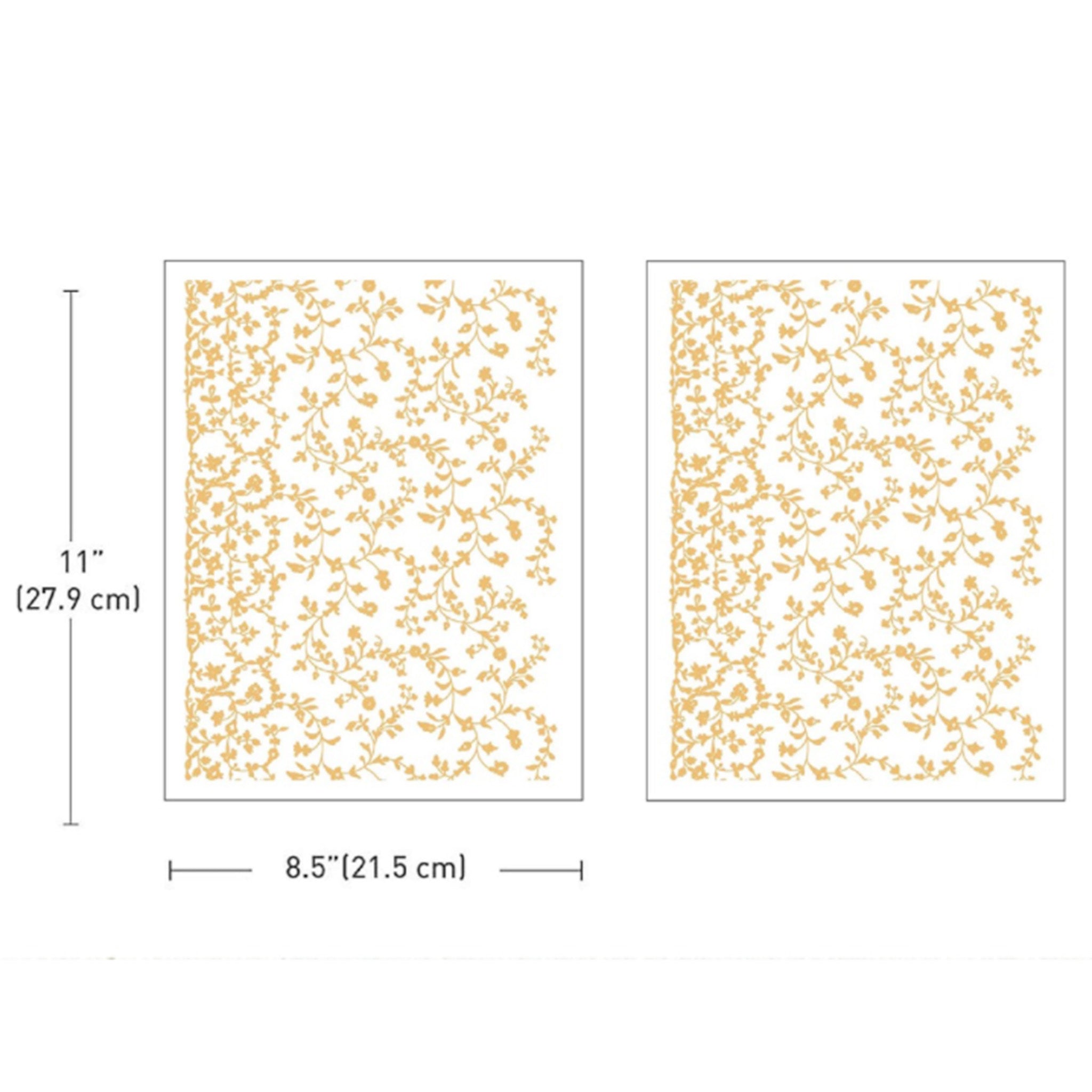 Two sheets of gold foil small rub-on transfers featuring delicate flowering vines are against a white background. Measurements for 1 sheet reads: 8.5" (21.5 cm) x 11" (27.9 cm).