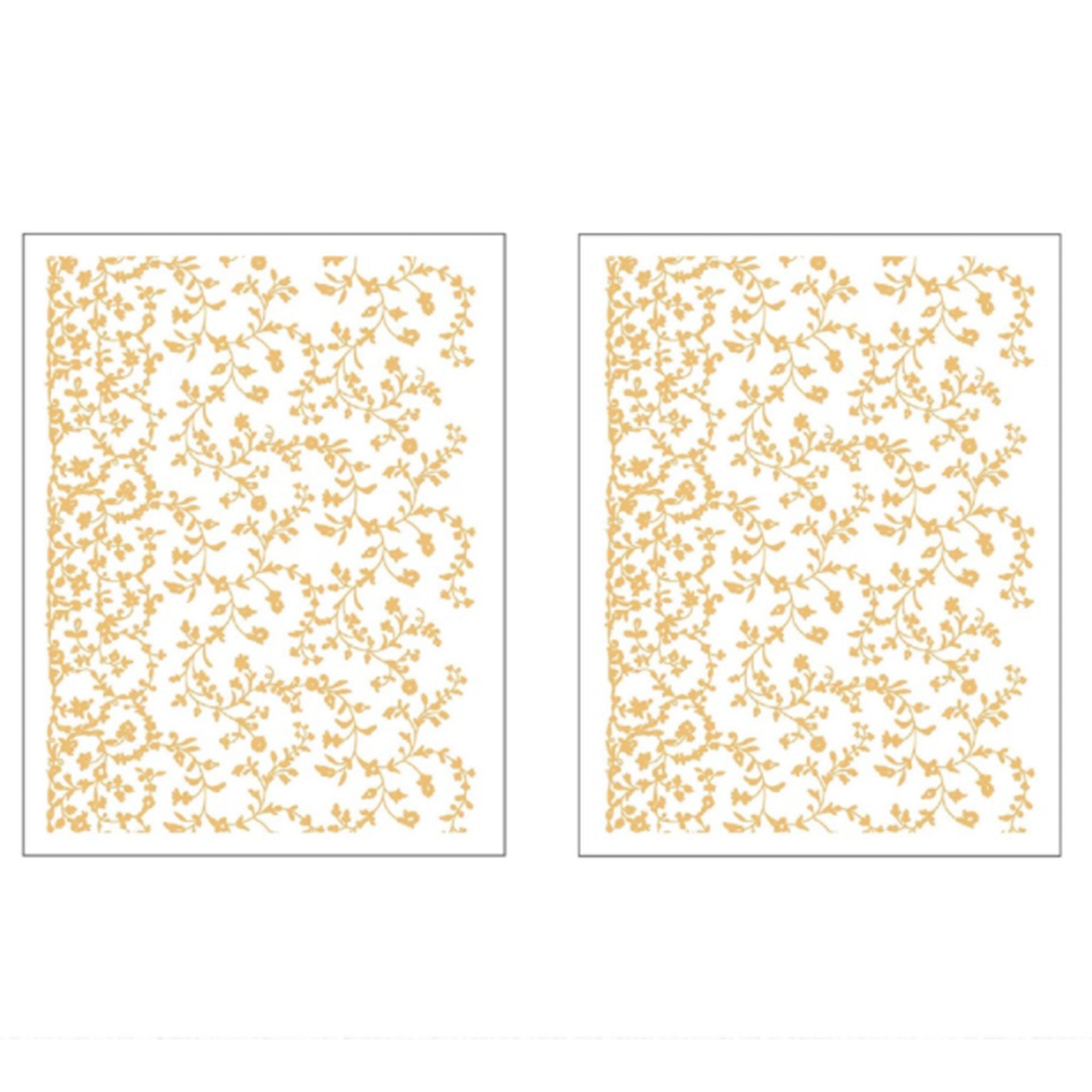 Two sheets of gold foil small rub-on transfers featuring delicate flowering vines are against a white background.