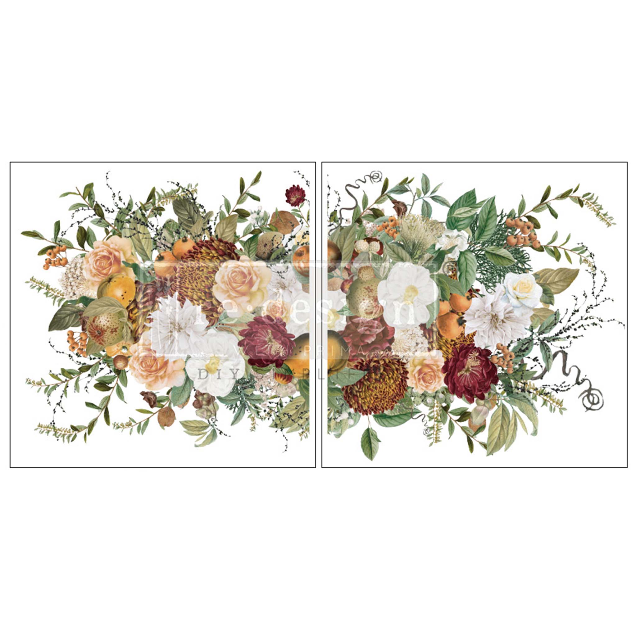Two sheets of a rub-on transfer that features a split design of a large bouquets of cream, peach, orange and burgundy flowers surrounded by lush greenery.