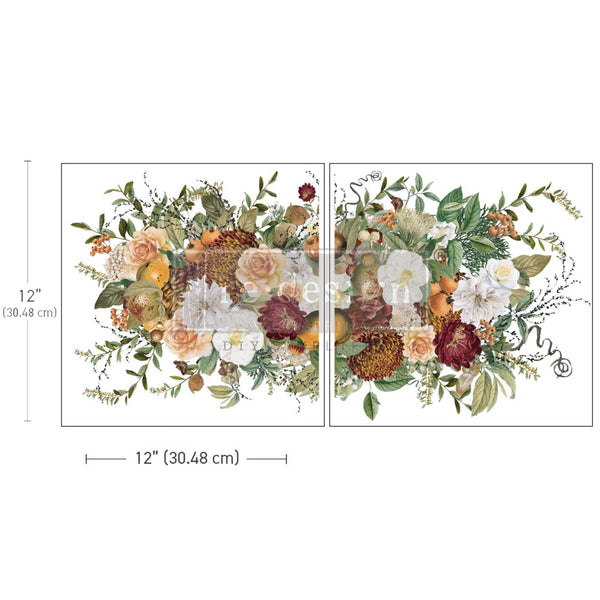 Two sheets of ReDesign with Prima's Autumnal Bliss transfer are against a white background. Measurements for 1 sheet reads: 12" [30.48 cm] by 12" [30.48 cm]