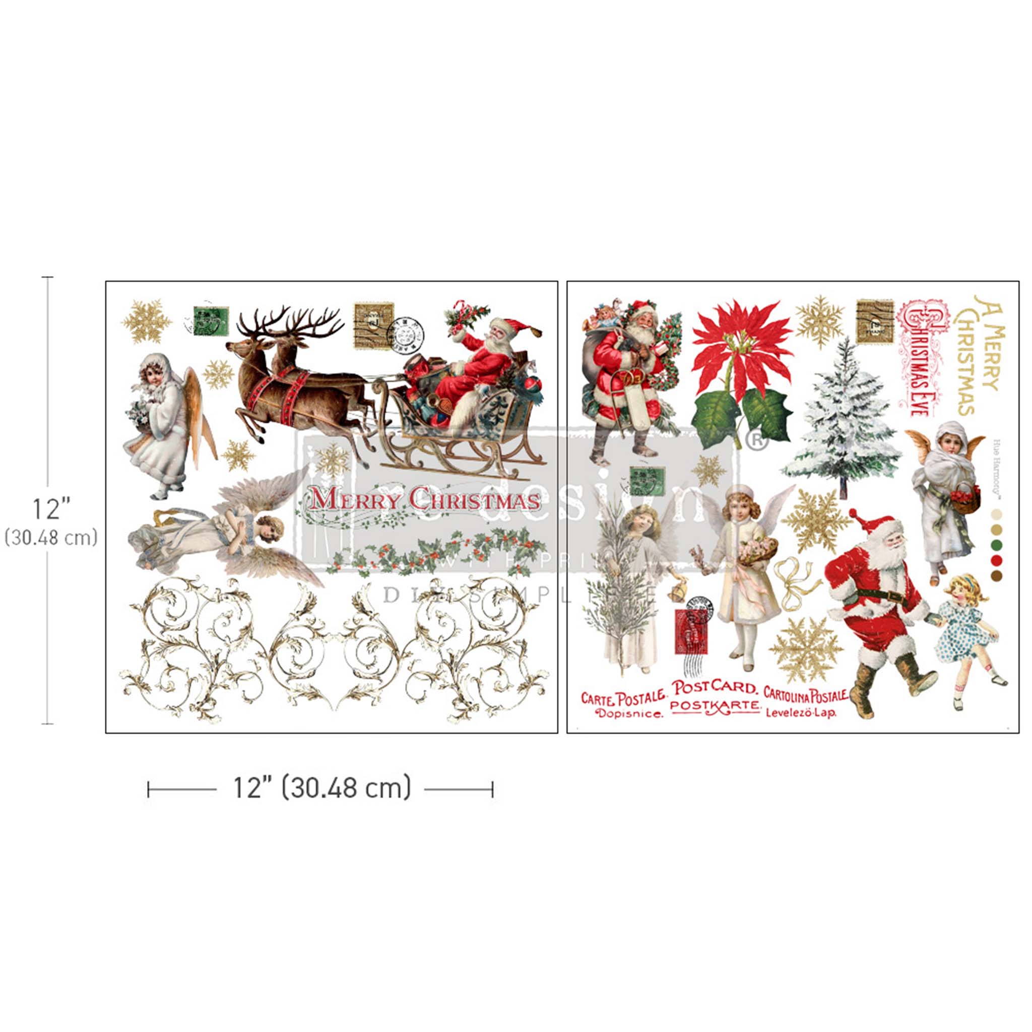 Two sheets of ReDesign with Prima's Holiday Traditions transfer are against a white background. Measurements for 1 sheet reads: 12" [30.48 cm] by 12" [30.48 cm].