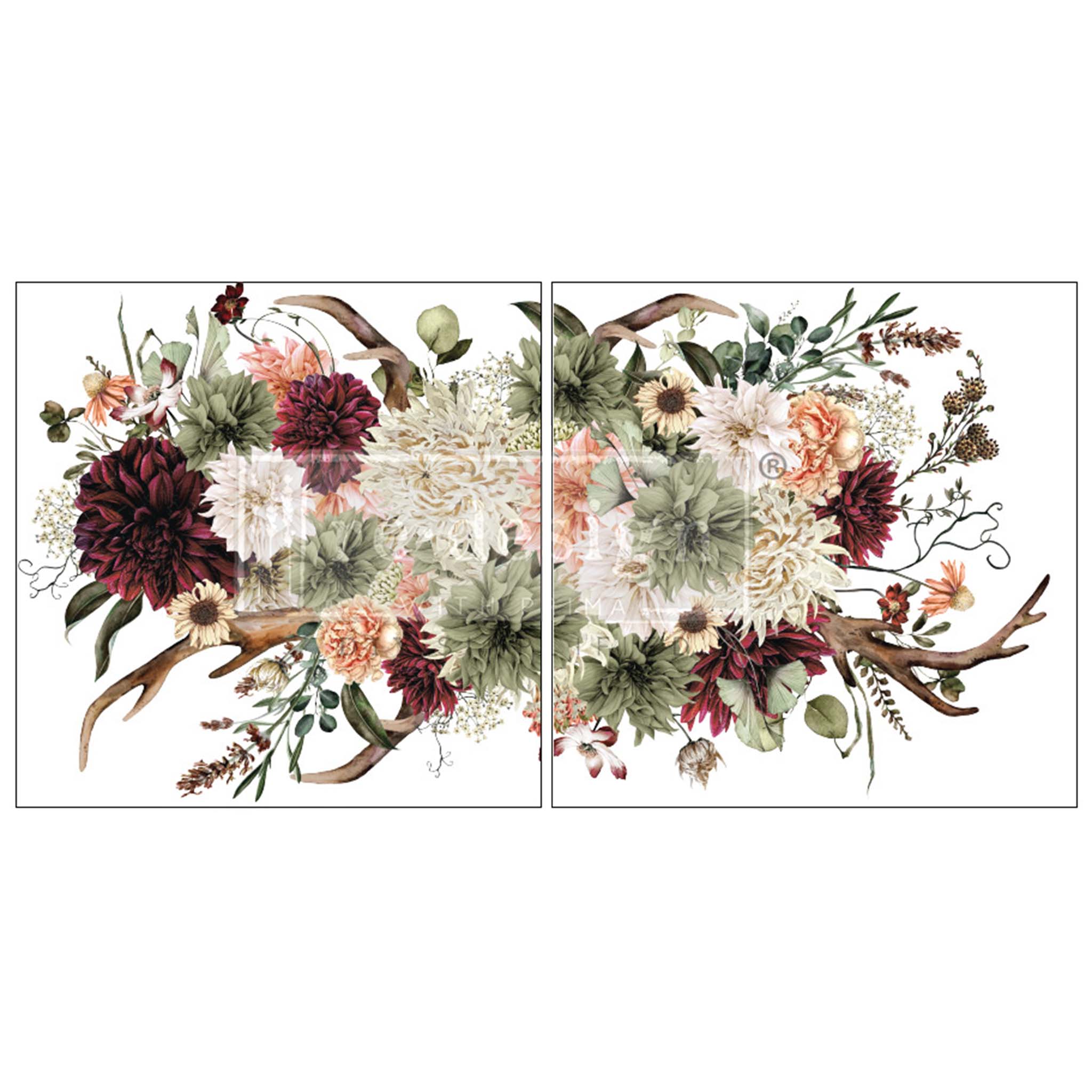 Two sheets of a rub-on transfer featuring one large floral design spread across both sheets bursting with bountiful blooms in colors of burgundy, cream, and olive peach, nestled among a beautiful bouquet of antlers.