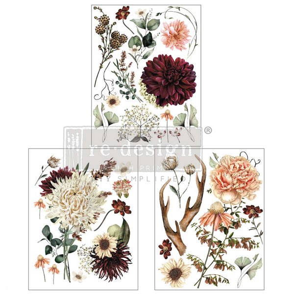 Three sheets of rub-on transfers that feature stylish floral blooms in cream, burgundy, and blush, plus a dash of greenery and antlers.