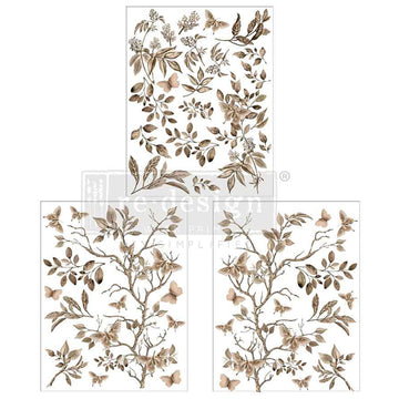 Three sheets of small rub-on transfers featuring beige Spring branches climbing gracefully up the page, accompanied by fluttering butterflies are against a white background.