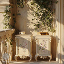 Two vintage nightstands with storage are painted beige and feature ReDesign with Prima's Rosette Royale middy rub-on transfers on their doors.
