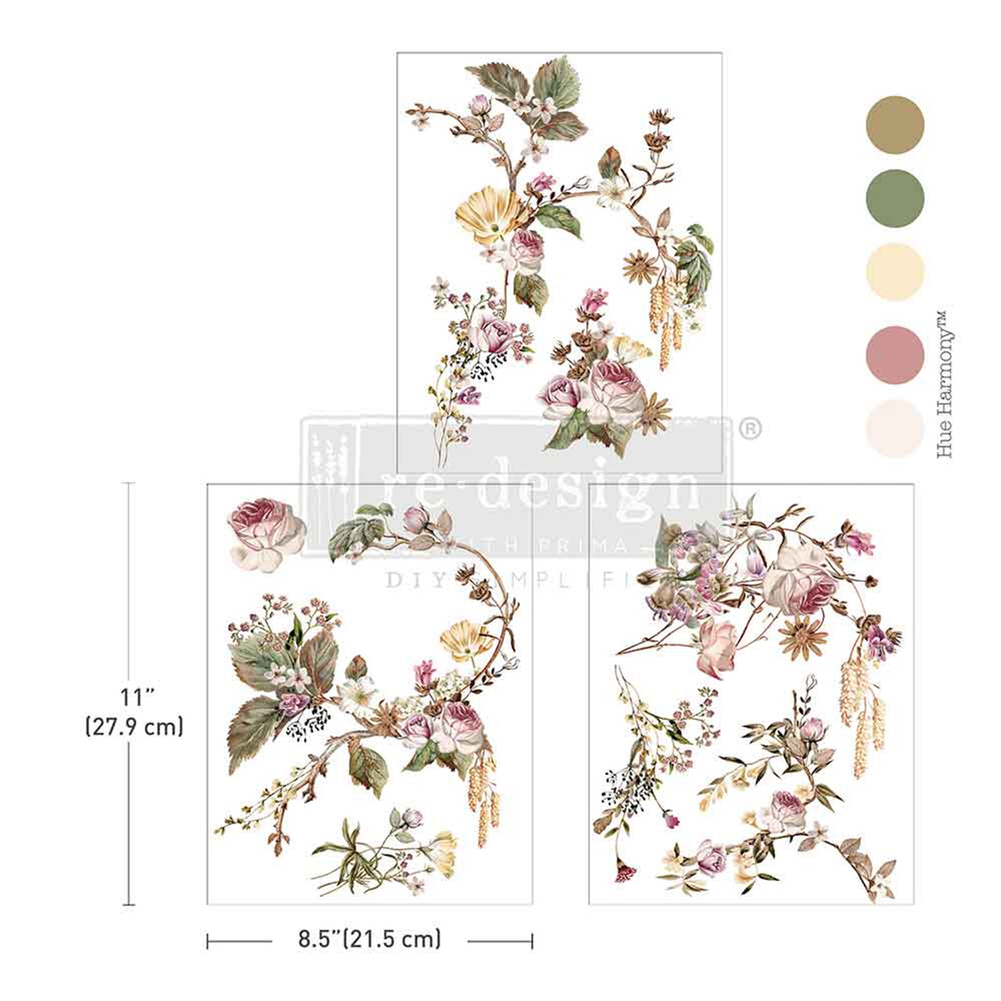 Three sheets of ReDesign with Prima's Rosette Royale rub-on middy transfers are against a white background with 5 color samples to the right. Measurements for 1 sheet reads: 11" (27.9 cm) x 8.5" (21.5 cm).