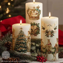 Three lit white candles feature ReDesign with Prima's Sacred Night Collection middy rub-on transfers.