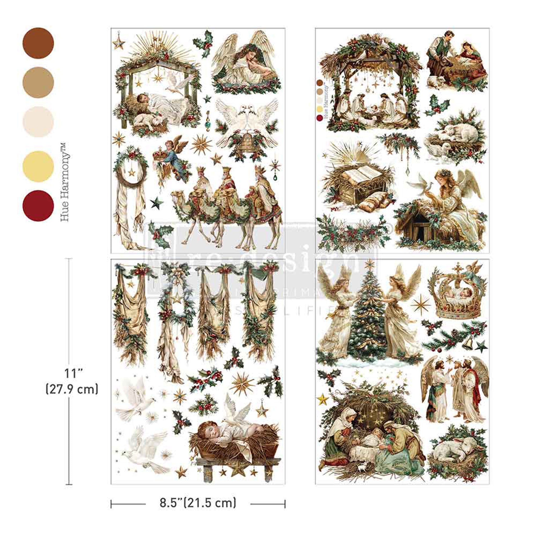 Four sheets of ReDesign with Prima's Sacred Night Collection middy rub-on transfers are against a white background with 5 color samples to the left. Measurements for 1 sheet reads: 11" (27.9 cm) x 8.5" (21.5 cm)