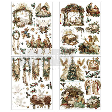 Four sheets of small rub-on transfers featuring vintage nativity scenes with the three wise men, camels, angels, Mary, Joseph, baby Jesus, stables, and Christmas trees are against a white background.