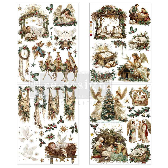 Four sheets of small rub-on transfers featuring vintage nativity scenes with the three wise men, camels, angels, Mary, Joseph, baby Jesus, stables, and Christmas trees are against a white background.