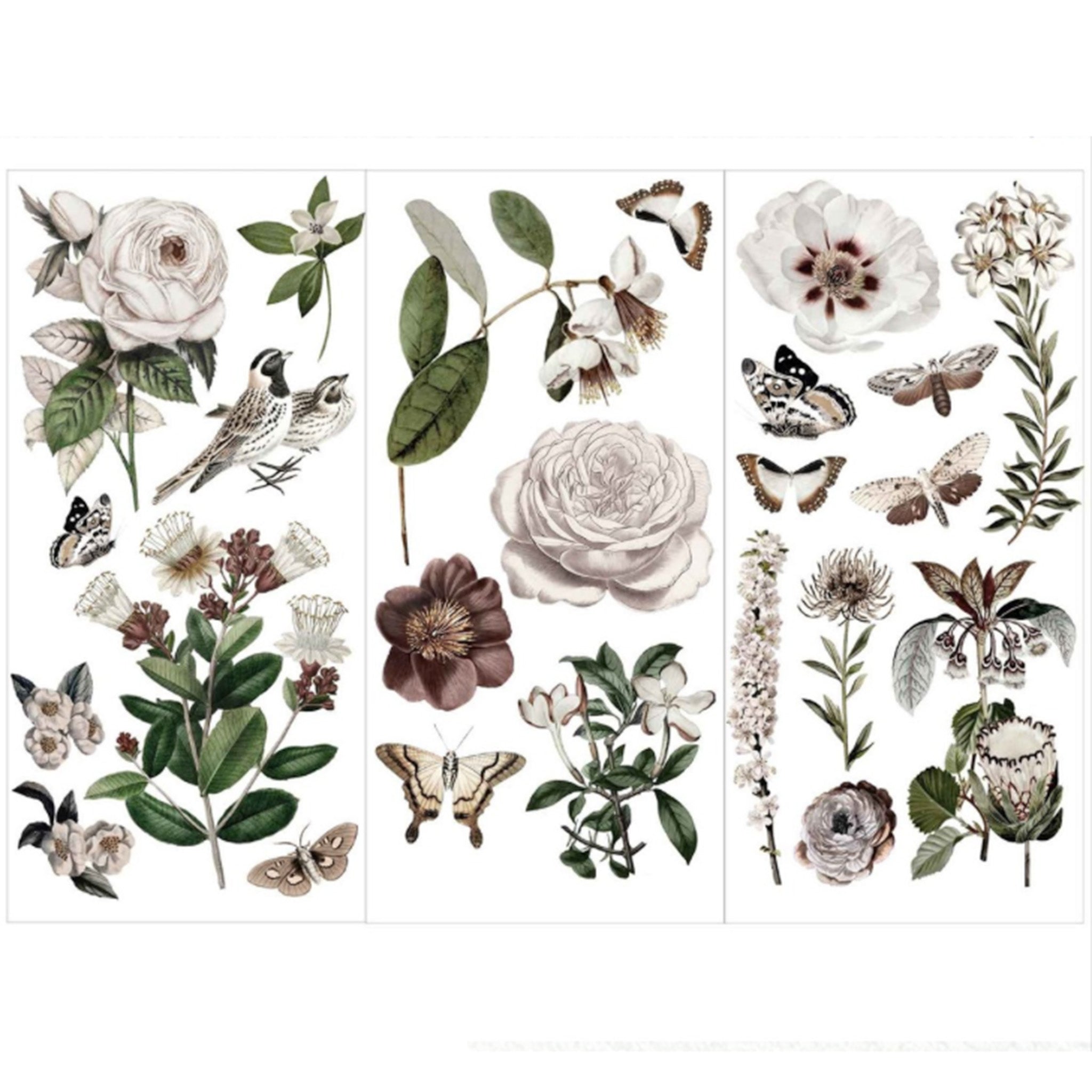 Three sheets of small rub-on transfers featuring white floral blooms, butterflies, birds, and green foliage are against a white background.