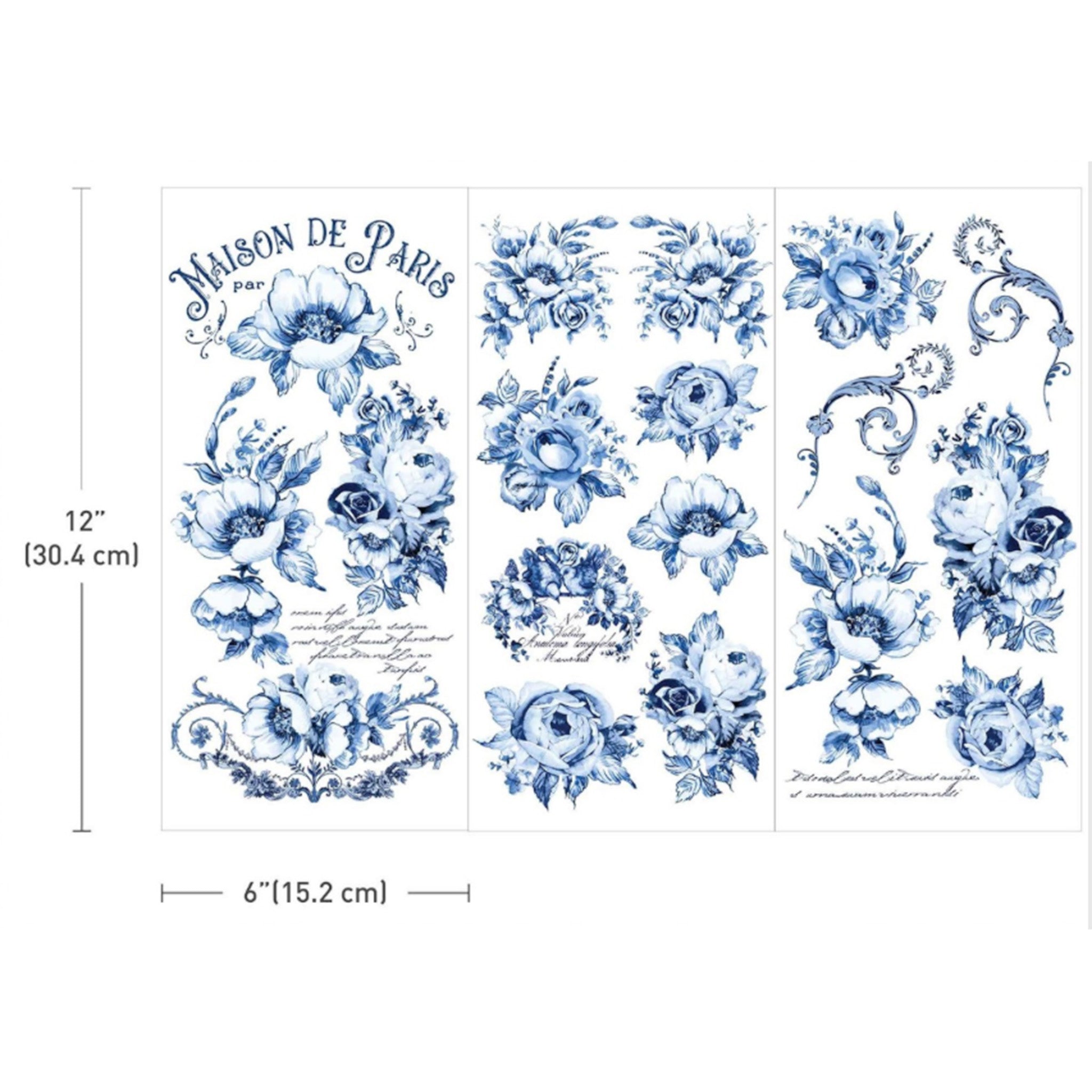 Three sheets of ReDesign with Prima's Spring Serenade small rub-on transfers are against a white background. Measurements for 1 sheet reads: 12" (30.4 cm) x 6" (15.2 cm).