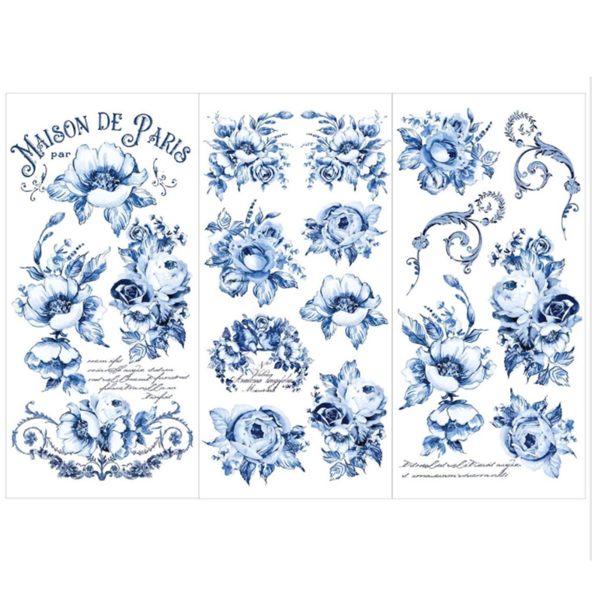 Three sheets of rub-on transfers featuring elegant florals in rich cobalt blue and French script are against a white background. 