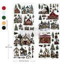 Four sheets of ReDesign with Prima's Village of Wonders middy rub-on transfers are against a white background with 5 color samples to the left. Measurements for 1 sheet reads: 11" (27.9 cm) x 8.5" (21.5 cm).