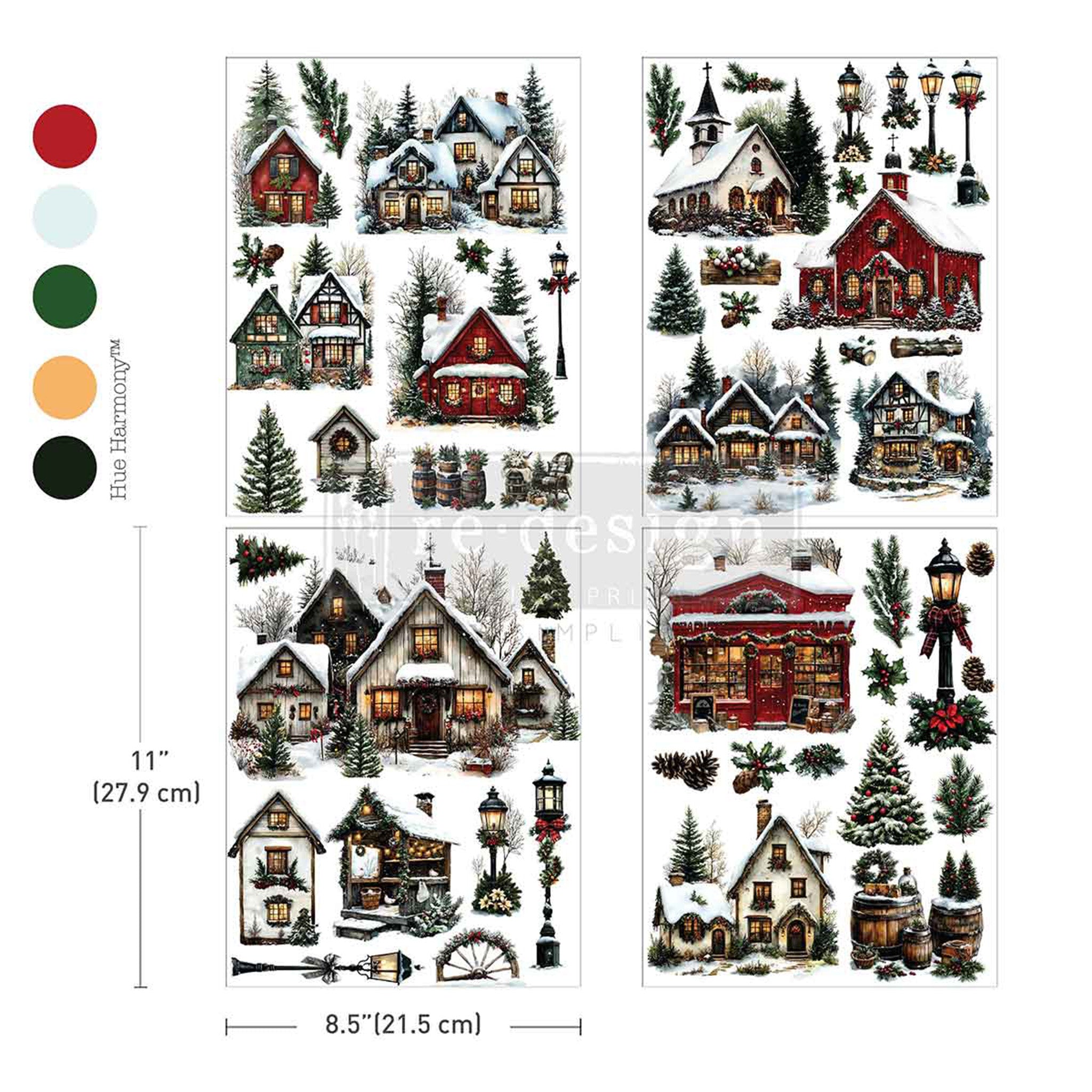 Four sheets of ReDesign with Prima's Village of Wonders middy rub-on transfers are against a white background with 5 color samples to the left. Measurements for 1 sheet reads: 11" (27.9 cm) x 8.5" (21.5 cm).