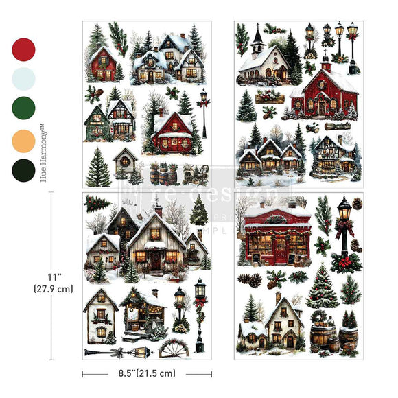 Four sheets of ReDesign with Prima's Village of Wonders middy rub-on transfers are against a white background with 5 color samples to the left. Measurements for 1 sheet reads: 11" (27.9 cm) x 8.5" (21.5 cm).