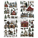 Four sheets of small rub-on transfers featuring delightful village scenes are filled with cozy buildings, twinkling Christmas trees, glowing lampposts, and more winter wonders are against a white background.