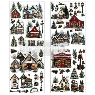 Four sheets of small rub-on transfers featuring delightful village scenes are filled with cozy buildings, twinkling Christmas trees, glowing lampposts, and more winter wonders are against a white background.